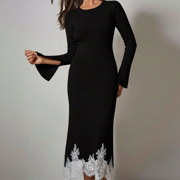 Black Elegant Women's long Flare sleeved Lace detailed Sweater dress - Picture 5 of 7